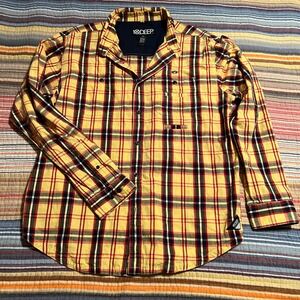 10 Deep Mens Yellow‎ Red Plaid Long Sleeve Button Down Shirt XL Brass Knuckles